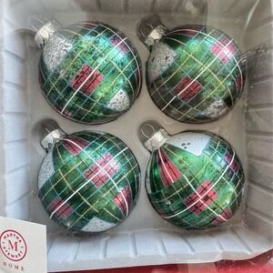 New Martha Stewart Home PLAID Glass Christmas Ornament Balls Set Of 4 Green